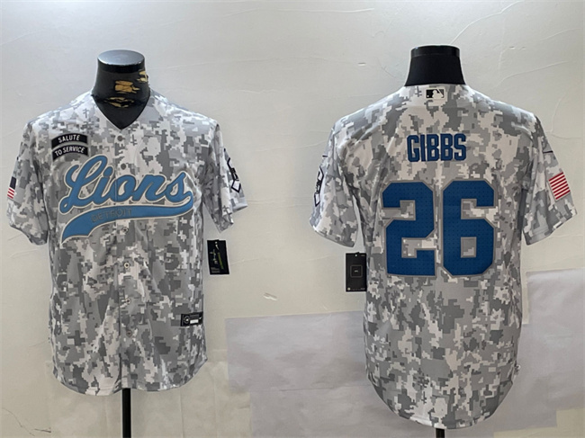 Personalized Men’s Detroit Lions #26 Jahmyr Gibbs 2024 Arctic Camo Salute To Service Stitched Baseball Jersey