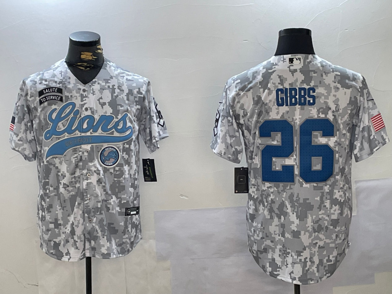 Personalized Men’s Detroit Lions #26 Jahmyr Gibbs 2024 Arctic Camo Salute To Service Stitched Baseball Jerseys