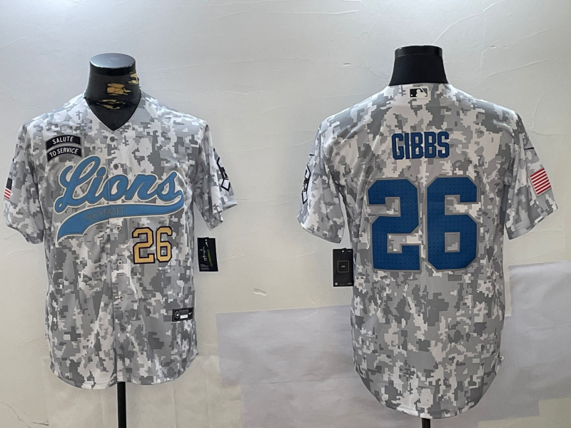 Personalized Men’s Detroit Lions #26 Jahmyr Gibbs 2024 Arctic Camo Salute To Service Stitched Baseball Jerseys