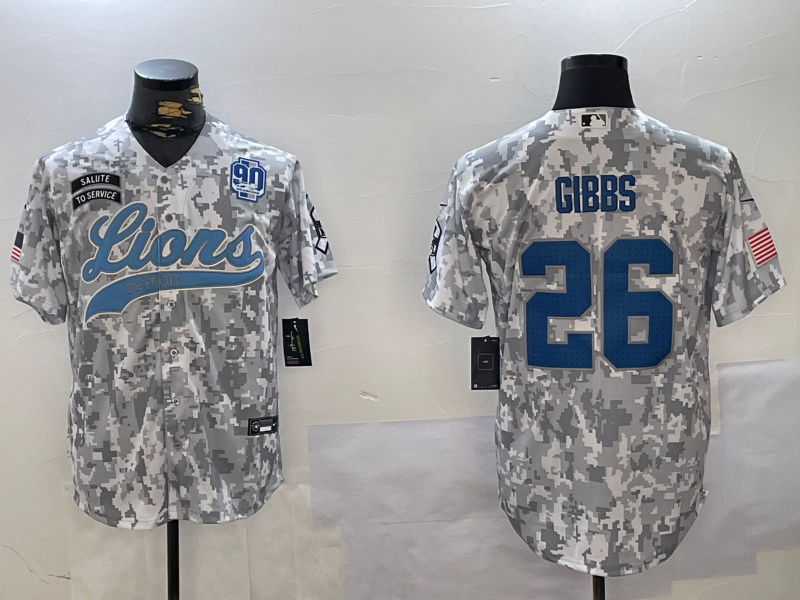 Personalized Men’s Detroit Lions #26 Jahmyr Gibbs 2024 Arctic Camo Salute To Service Stitched Baseball Jerseys