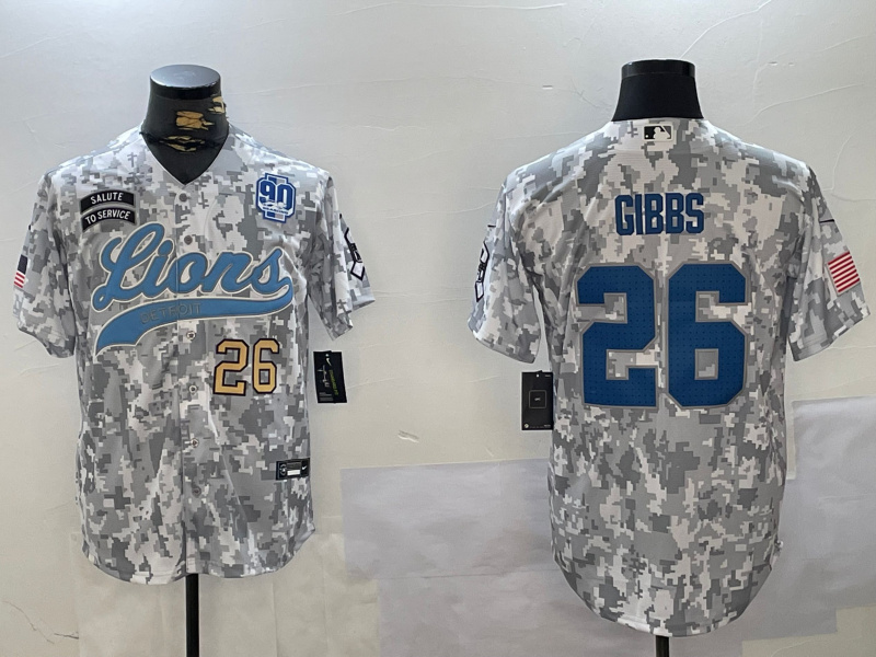 Personalized Men’s Detroit Lions #26 Jahmyr Gibbs 2024 Arctic Camo Salute To Service Stitched Baseball Jerseys