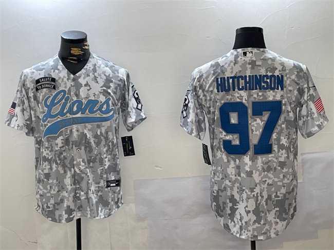 Personalized Men’s Detroit Lions #97 Aidan Hutchinson 2024 Arctic Camo Salute To Service Stitched Baseball Jersey
