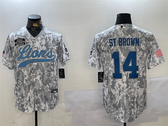 Personalized Men’s Detroit Lions #14 Amon-Ra St. Brown 2024 Arctic Camo Salute To Service Stitched Baseball Jersey