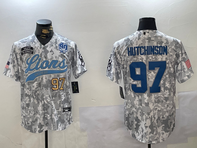 Personalized Men’s Detroit Lions #97 Aidan Hutchinson 2024 Arctic Camo Salute To Service Stitched Baseball Jerseys