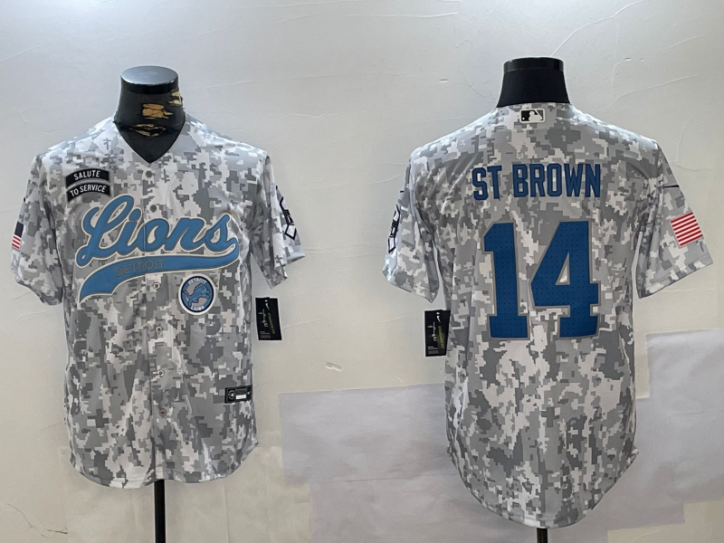 Personalized Men’s Detroit Lions #14 Amon-Ra St. Brown 2024 Arctic Camo Salute To Service Stitched Baseball Jerseys