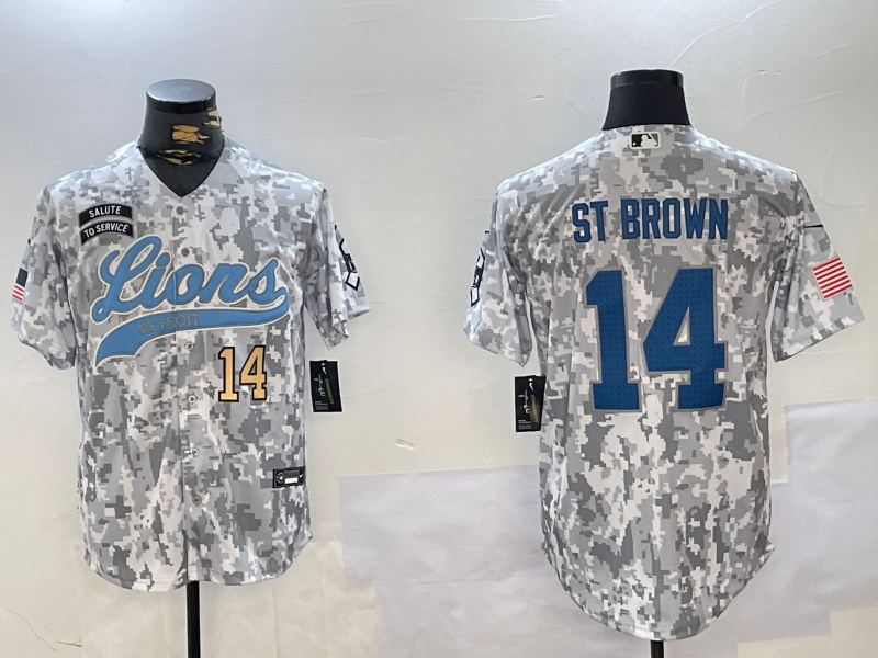 Personalized Men’s Detroit Lions #14 Amon-Ra St. Brown 2024 Arctic Camo Salute To Service Stitched Baseball Jerseys