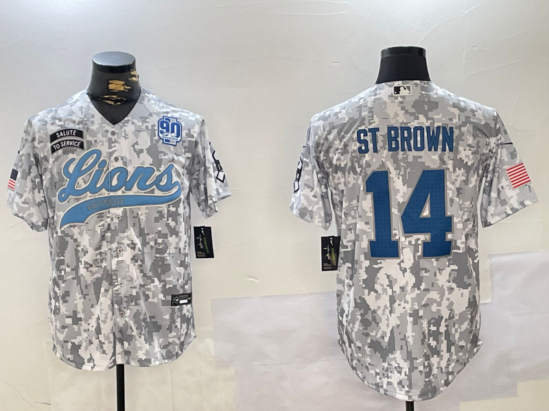 Personalized Men’s Detroit Lions #14 Amon-Ra St. Brown 2024 Arctic Camo Salute To Service Stitched Baseball Jerseys