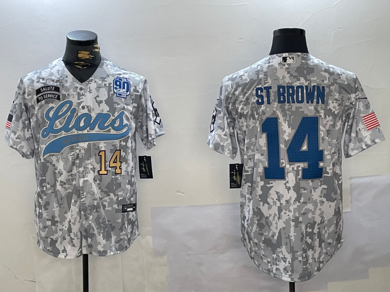 Personalized Men’s Detroit Lions #14 Amon-Ra St. Brown 2024 Arctic Camo Salute To Service Stitched Baseball Jerseys