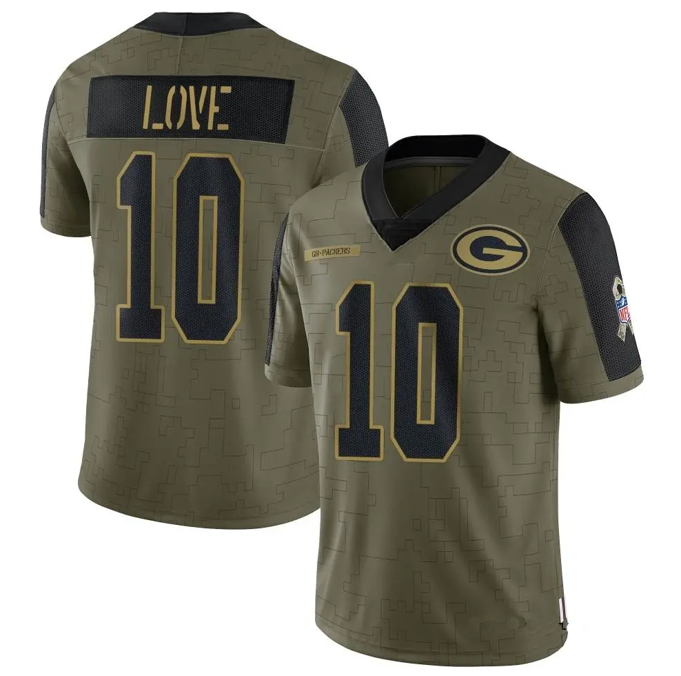 Personalized Men’s #10 Jordan Love Green Bay Packers Olive 2021 Salute To Service Limited Jersey