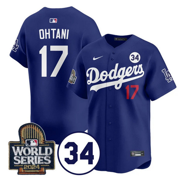 Personalized Men’s Los Angeles Dodgers #17 Shohei Ohtani Royal 2024 World Series With No. 34 Patch Limited Stitched Baseball Jersey