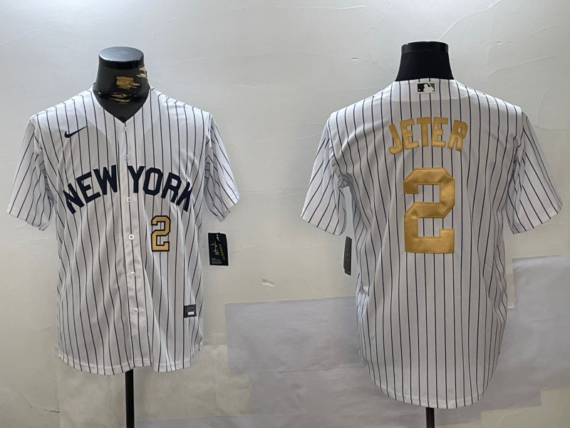 Personalized Men’s New York Yankees #2 Derek Jeter White Pinstripe Fashion Cool Base Jerseys