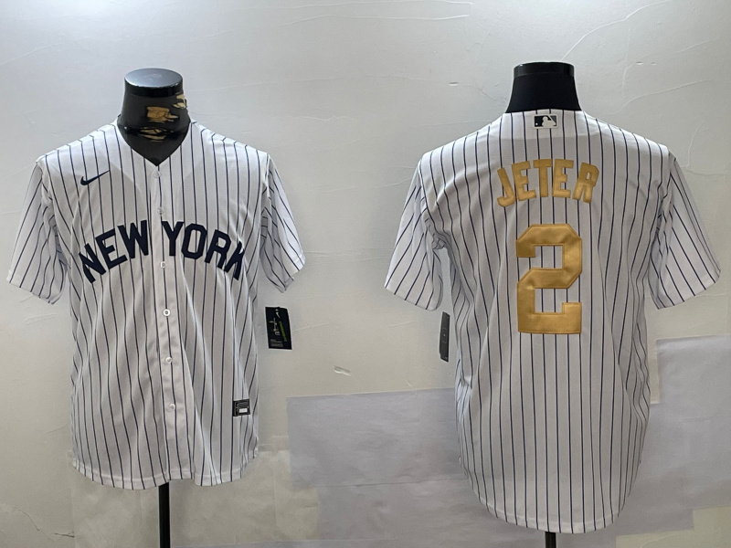 Personalized Men’s New York Yankees #2 Derek Jeter White Pinstripe Fashion Cool Base Jerseys