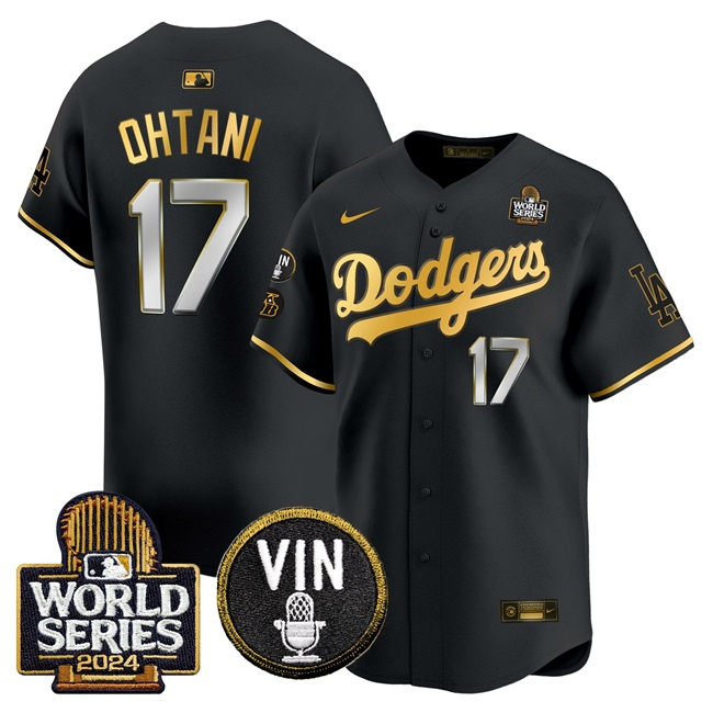 Personalized Men’s Los Angeles Dodgers #17 Shohei Ohtani Black Gold 2024 World Series Vin & Kobe Patch Limited Stitched Baseball Jersey