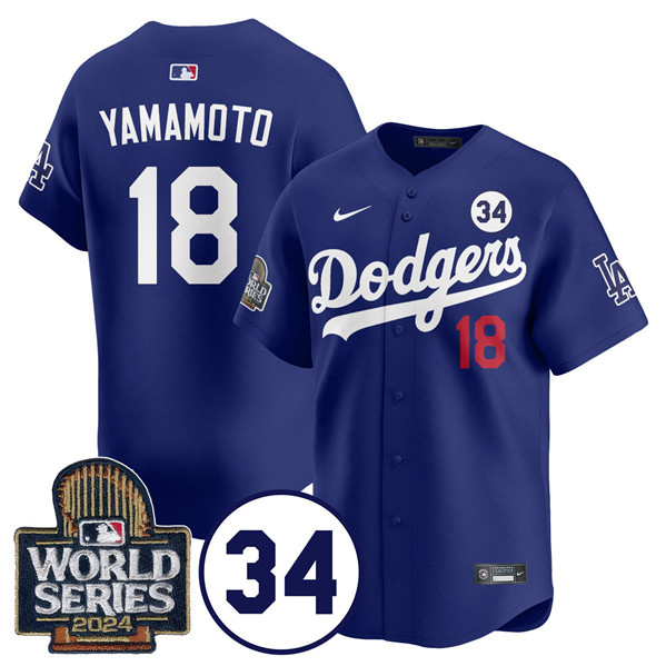 Personalized Men’s Los Angeles Dodgers #18 Yoshinobu Yamamoto Royal 2024 World Series With No. 34 Patch Limited Stitched Baseball Jersey