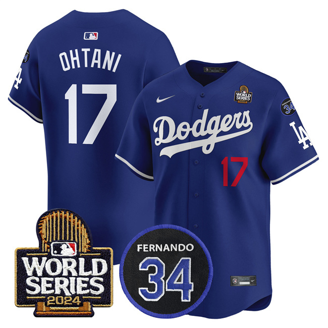 Personalized Men’s Los Angeles Dodgers #17 Shohei Ohtani Royal 2024 World Series With Fernando Memorial Patch Limited Stitched Baseball Jersey
