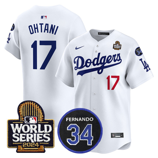 Personalized Men’s Los Angeles Dodgers #17 Shohei Ohtani White 2024 World Series With Fernando Memorial Patch Limited Stitched Baseball Jersey