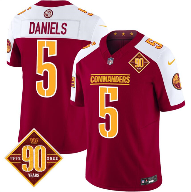 Personalized Men’s Washington Commanders #5 Jayden Daniels Burgundy White 2023 F.U.S.E. 90th Anniversary Limited Stitched Football Jersey