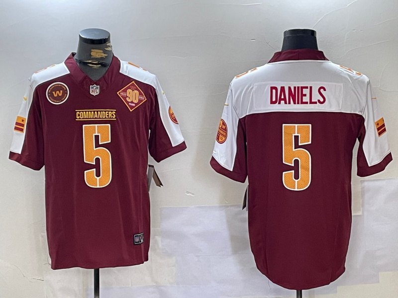 Personalized Men’s Washington Commanders #5 Jayden Daniels Burgundy White 2023 F.U.S.E. 90th Anniversary Limited Stitched Football Jerseys
