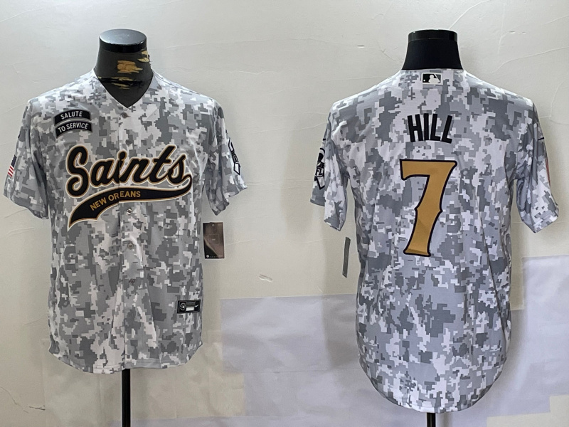 Personalized Men’s New Orleans Saints Team #7 Taysom Hill 2024 Arctic Camo Salute To Service Stitched Baseball Jersey