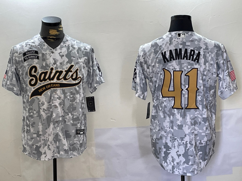 Personalized Men’s New Orleans Saints Team #41 Alvin Kamara 2024 Arctic Camo Salute To Service Stitched Baseball Jersey