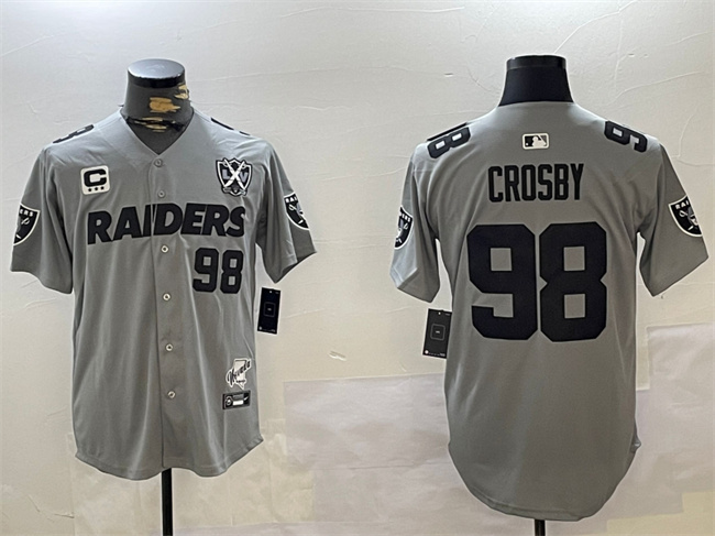 Personalized Men’s Las Vegas Raiders #98 Maxx Crosby Grey With Nevada Silver Stat Patch And 65th Anniversary Patch 3-Star C Patch Stitched Baseball Jersey