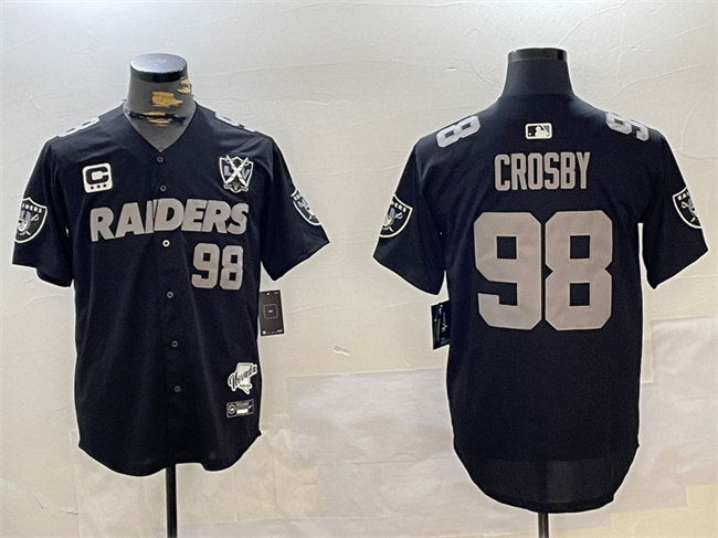 Personalized Men’s Las Vegas Raiders #98 Maxx Crosby Black With Nevada Silver Stat Patch And 65th Anniversary Patch 3-Star C Patch Stitched Baseball Jersey