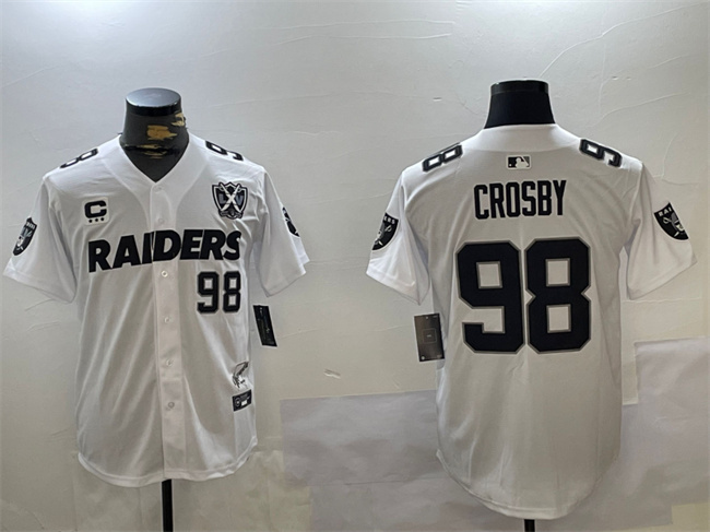 Personalized Men’s Las Vegas Raiders #98 Maxx Crosby White With Nevada Silver Stat Patch And 65th Anniversary Patch 3-Star C Patch Stitched Baseball Jersey