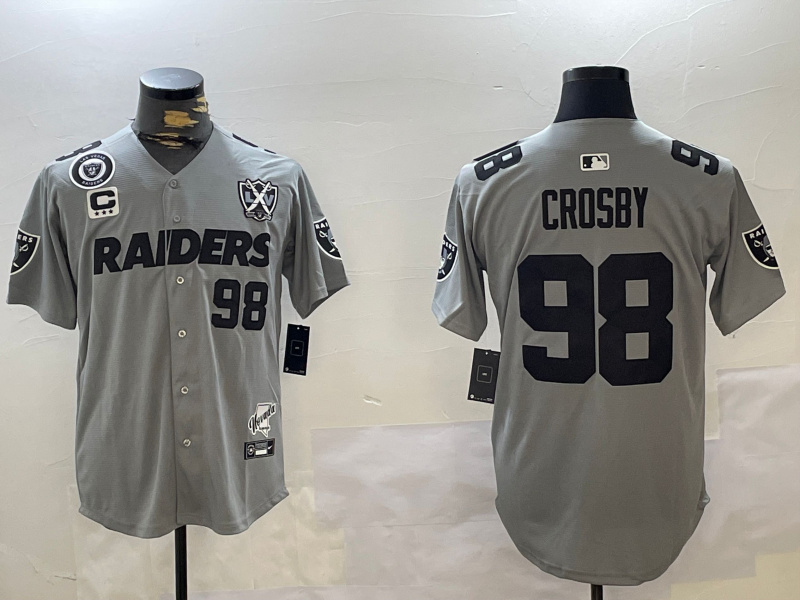 Personalized Men’s Las Vegas Raiders #98 Maxx Crosby Grey With Nevada Silver Stat Patch And 65th Anniversary Patch 3-Star C Patch Stitched Baseball Jerseys