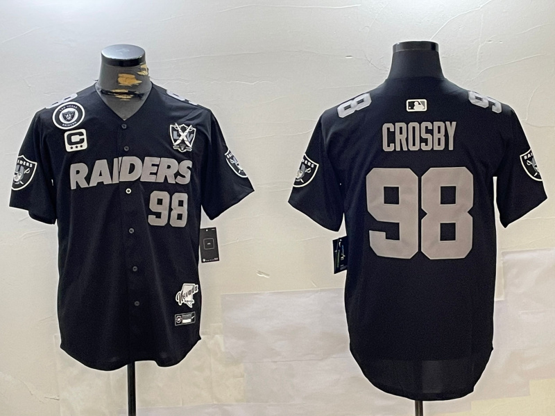 Personalized Men’s Las Vegas Raiders #98 Maxx Crosby Black With Nevada Silver Stat Patch And 65th Anniversary Patch 3-Star C Patch Stitched Baseball Jerseys