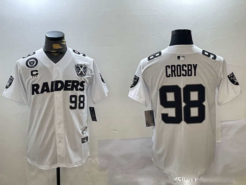 Personalized Men’s Las Vegas Raiders #98 Maxx Crosby White With Nevada Silver Stat Patch And 65th Anniversary Patch 3-Star C Patch Stitched Baseball Jerseys