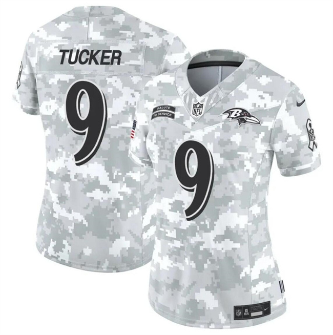 Personalized Women’s Baltimore Ravens #9 Justin Tucker 2024 F.U.S.E Arctic Camo Salute To Service Limited Stitched Football Jersey(Run Small)