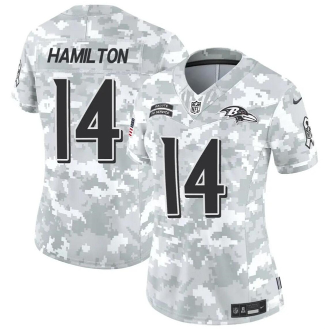 Personalized Women’s Baltimore Ravens #14 Kyle Hamilton 2024 F.U.S.E Arctic Camo Salute To Service Limited Stitched Football Jersey(Run Small)