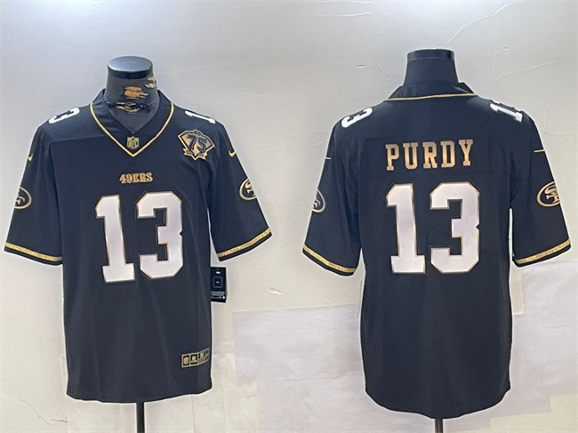 Personalized Men’s San Francisco 49ers #13 Brock Purdy Black Gold With 75th Anniversary Patch Stitched Jersey
