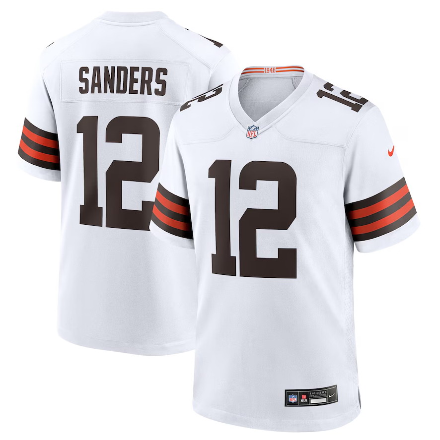Personalized Men’s Cleveland Browns #12 Shedeur Sanders White 2025 NFL Draft Game Jersey