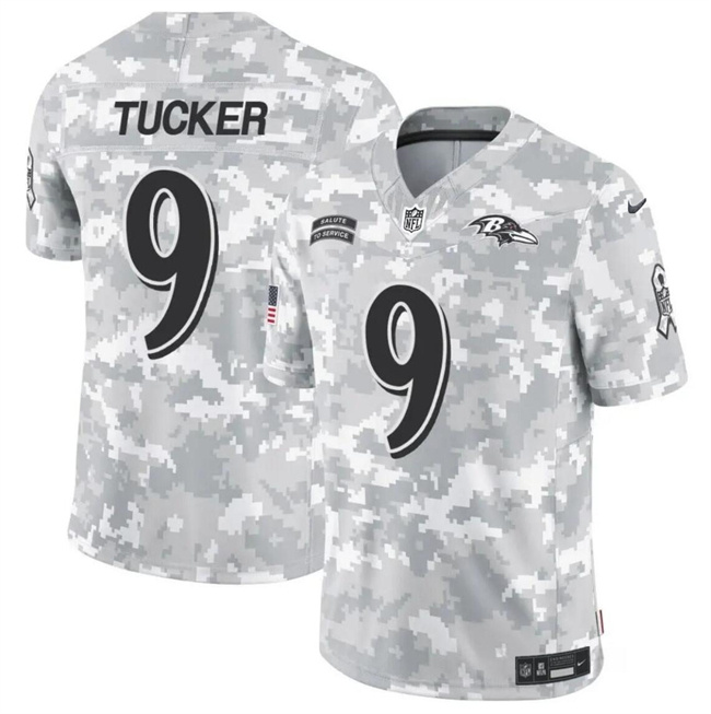 Personalized Men’s Baltimore Ravens #9 Justin Tucker 2024 F.U.S.E Arctic Camo Salute To Service Limited Stitched Football Jersey