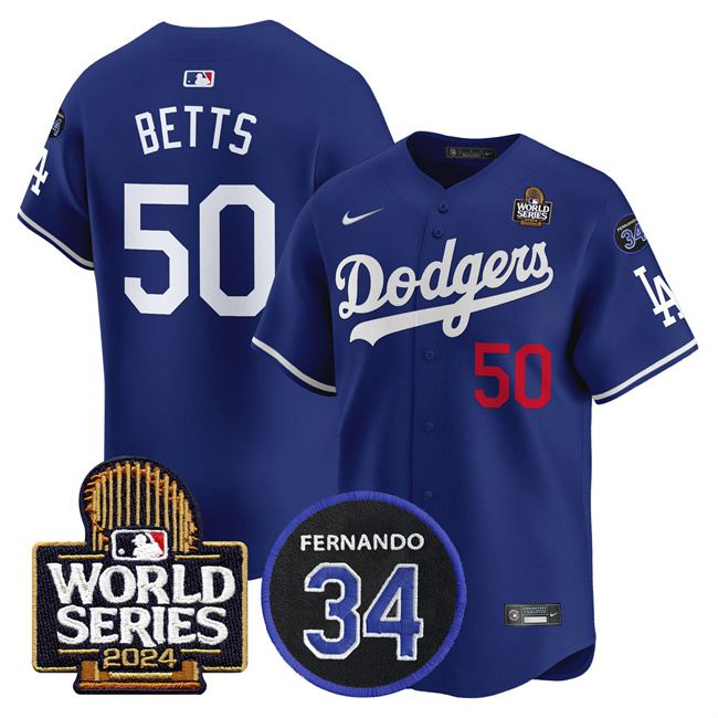 Personalized Youth Los Angeles Dodgers #50 Mookie Betts Royal 2024 World Series With Fernando Memorial Patch Limited Stitched Baseball Jersey