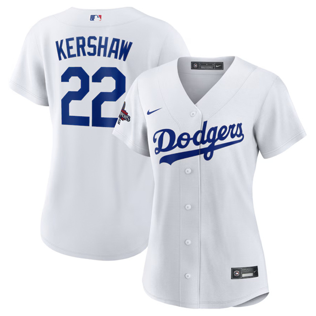 Personalized Women’s Los Angeles Dodgers #22 Clayton Kershaw White 2024 World Series Champions Cool Base Stitched Baseball Jersey(Run Small)