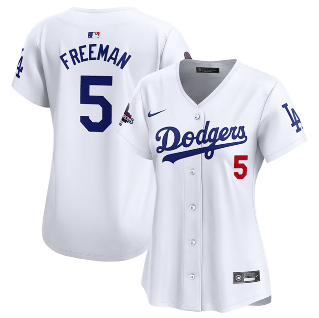 Personalized Women’s Los Angeles Dodgers #5 Freddie Freeman White 2024 World Series Champions Home Limited Stitched Baseball Jersey(Run Small)