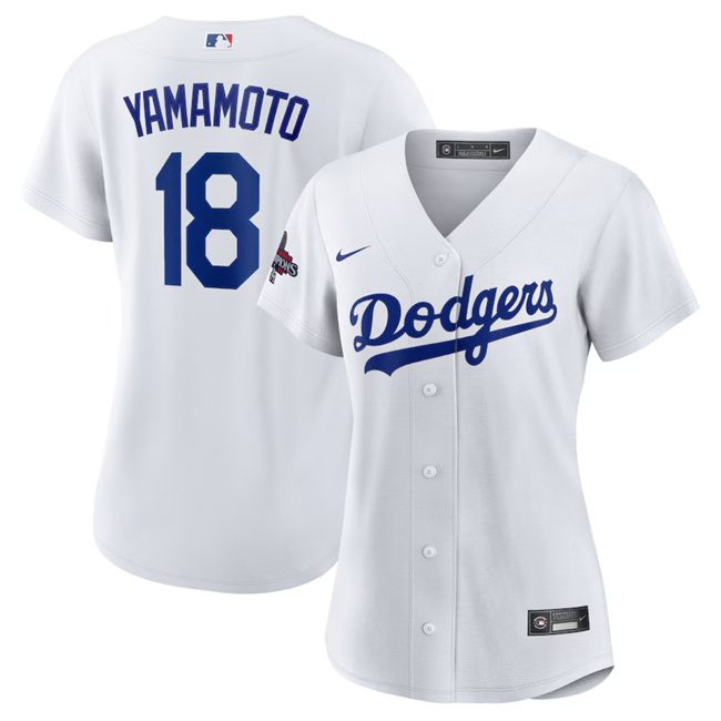 Personalized Women’s Los Angeles Dodgers #18 Yoshinobu Yamamoto White 2024 World Series Champions Cool Base Stitched Baseball Jersey(Run Small)