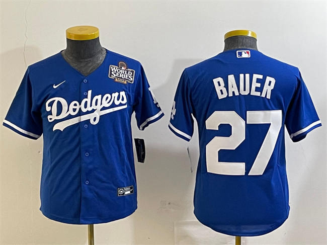 Personalized Women’s Los Angeles Dodgers #27 Trevor Bauer Blue 2024 World Series Cool Base Stitched Jersey(Run Small)