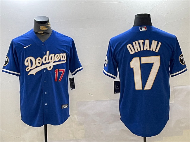 Personalized Men’s Los Angeles Dodgers #17 Shohei Ohtani Blue Vin Patch Cool Base Stitched Baseball Jersey