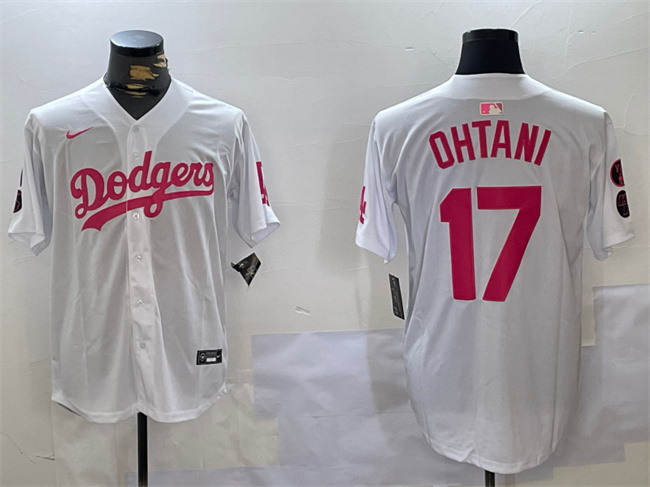 Personalized Men’s Los Angeles Dodgers #17 Shohei Ohtani White Pink Vin & Kobe Patch Limited Stitched Baseball Jersey