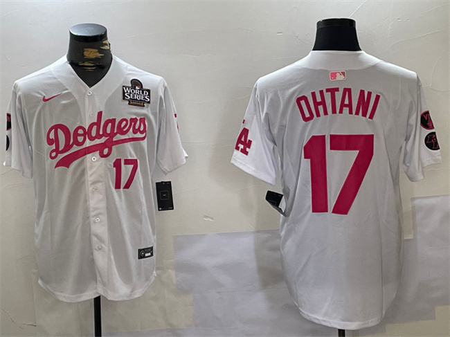 Personalized Men’s Los Angeles Dodgers #17 Shohei Ohtani White Pink 2024 World Series Vin & Kobe Patch Limited Stitched Baseball Jersey