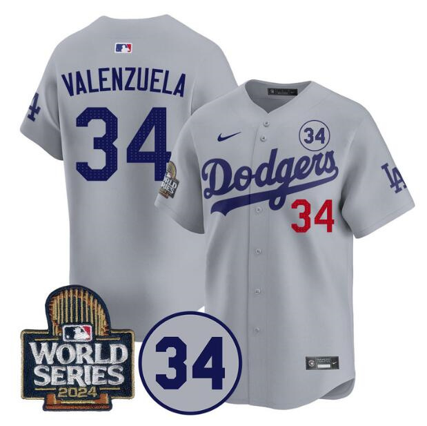 Personalized Men’s Los Angeles Dodgers #34 Toro Valenzuela Grey 2024 World Series With No. 34 Patch Limited Stitched Baseball Jersey