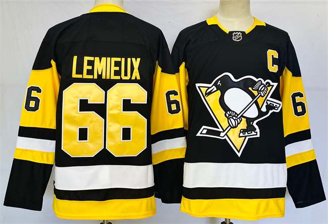 Personalized Men’s Pittsburgh Penguins #66 Mario Lemieux Black 2024-25 Home With C Patch Stitched Hockey Jersey