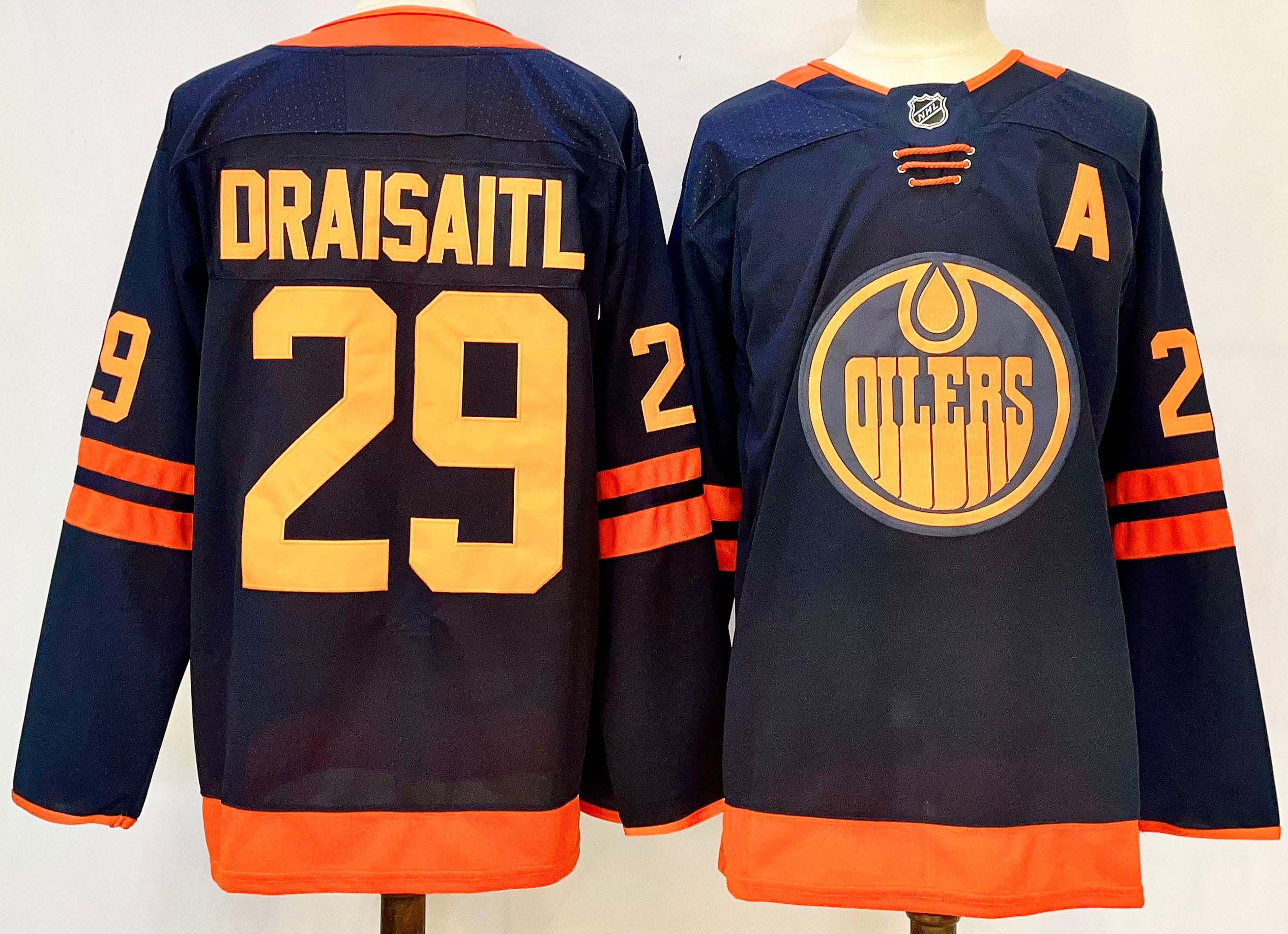 Personalized Men’s Edmonton Oilers #29 Leon Draisaitl Navy 2024-25 A Patch Stitched Jersey