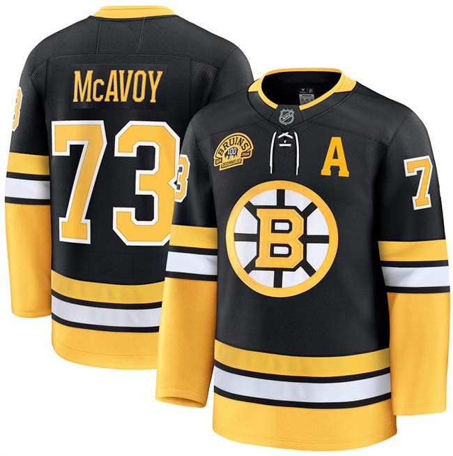 Personalized Men’s Boston Bruins #73 Charlie McAvoy Black 100th Anniversary With Patch Stitched Hockey Jersey