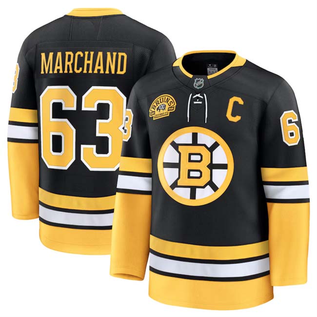 Personalized Men’s Boston Bruins #63 Brad Marchand Black 100th Anniversary With C Patch Stitched Hockey Jersey