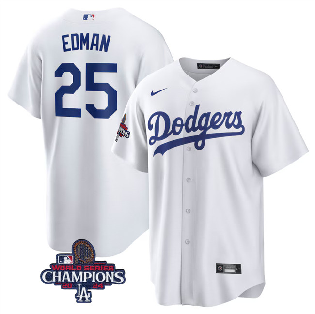 Personalized Men’s Los Angeles Dodgers #25 Tommy Edman White 2024 World Series Champions Cool Base Stitched Baseball Jersey