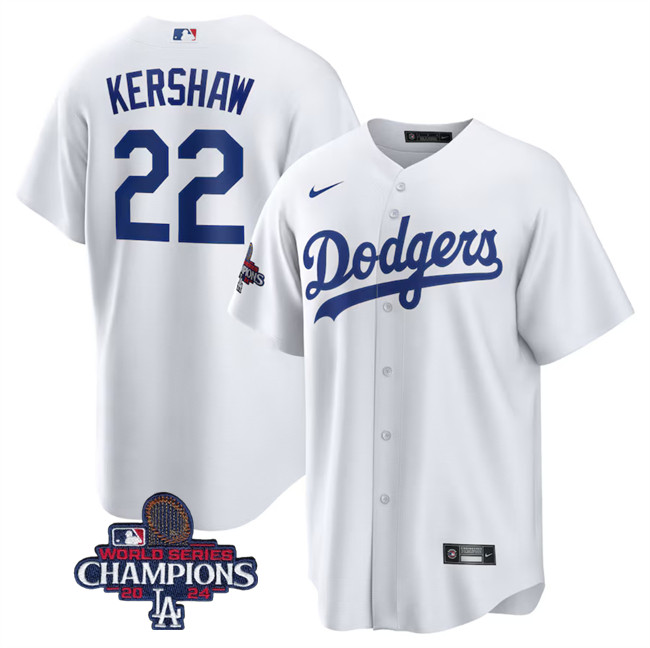 Personalized Men’s Los Angeles Dodgers #22 Clayton Kershaw White 2024 World Series Champions Cool Base Stitched Baseball Jersey